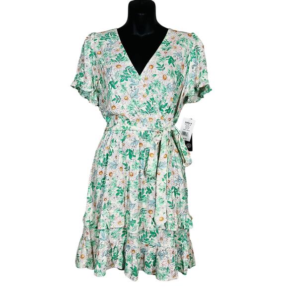 NEW! As U Wish Floral Wrap Dress Casual Print Cap Sleeve V Neck Spring - L - Picture 1 of 5